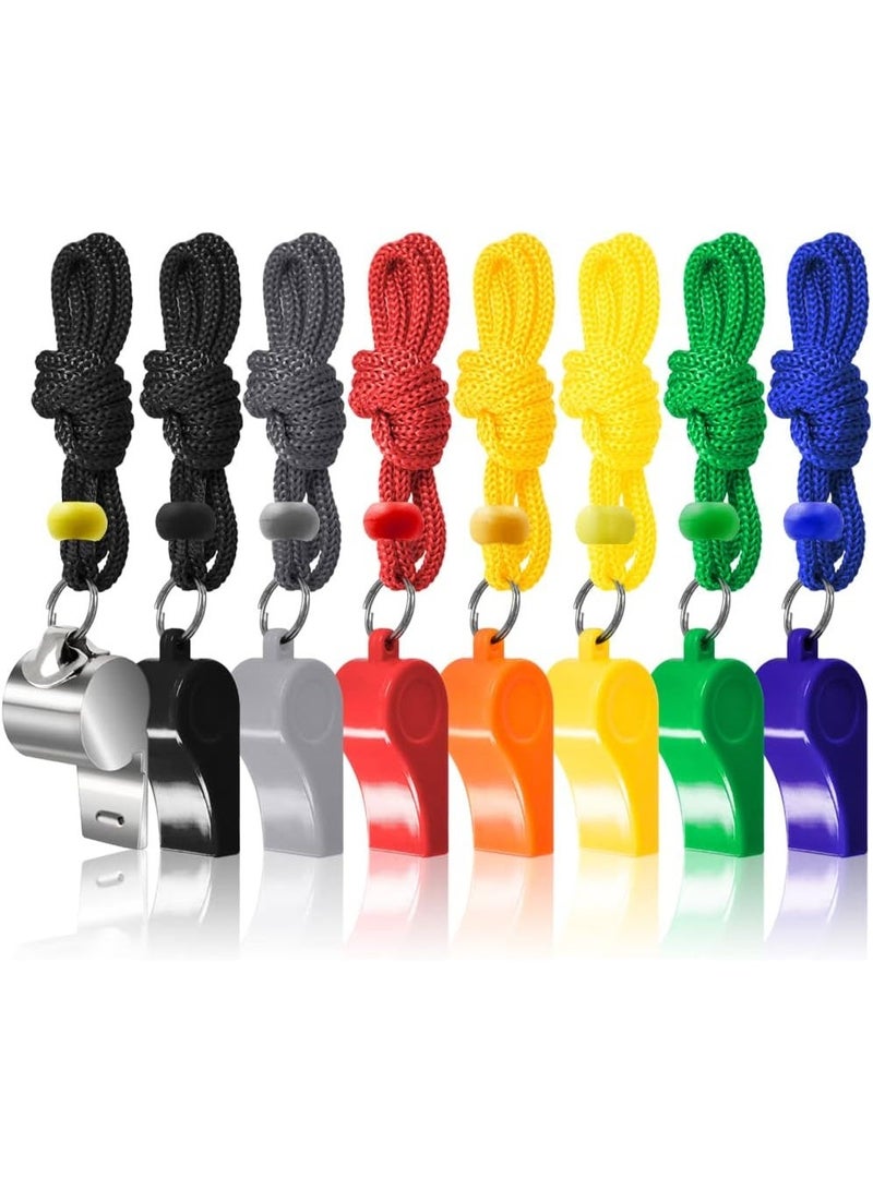 8 Packs Coaches Referee Whistles with Lanyards, 7 Colorful Plastic and 1 Stainless Steel Metal Whistles for Football Sports Lifeguards Survival Emergency Training - Multi-Color - Image 1